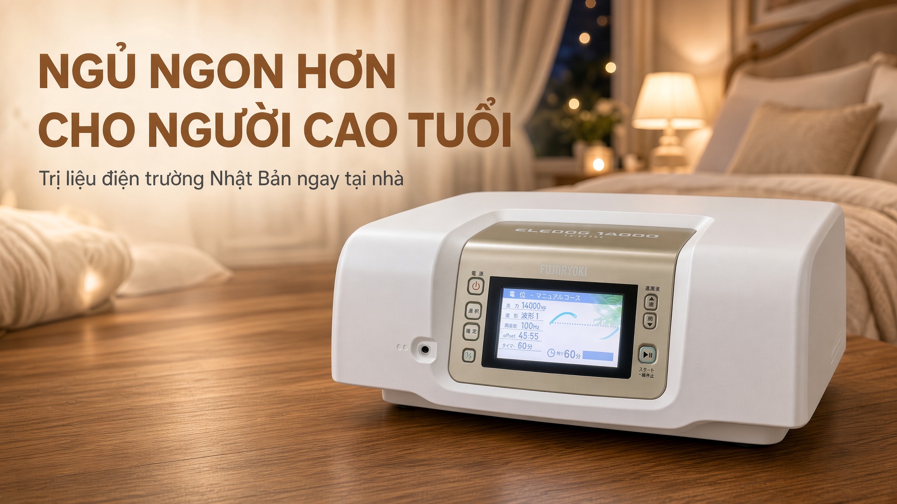 # Fujiiryoki Eledog 14000: Giải Pháp Ngủ Ngon Hơn Cho Người Cao Tuổi Không Dùng Thuốc Mất ngủ kinh niên, trằn trọc hàng đêm hay thức giấc nửa đêm không ngủ lại được là nỗi ám ảnh lớn của đa số người cao tuổi. Việc lạm dụng thuốc ngủ kéo dài thường đi kèm nhiều tác dụng phụ như mệt mỏi, suy giảm trí nhớ và phụ thuộc vào thuốc. Trong những năm gần đây, **Fujiiryoki Eledog 14000** (còn gọi là các dòng FX-14000, FX-M14000) – thiết bị trị liệu điện trường cao áp đạt chuẩn y tế từ Nhật Bản – đã trở thành giải pháp chăm sóc sức khỏe gia đình được nhiều gia đình Việt săn đón nhờ khả năng cải thiện chất lượng giấc ngủ tự nhiên và an toàn. --- ## 1. Nguồn Gốc Và Cơ Chế Hoạt Động Của Fujiiryoki Eledog 14000 Fujiiryoki Eledog 14000 là thiết bị y tế gia đình cao cấp do tập đoàn Fujiiryoki (Nhật Bản) sản xuất. Máy ứng dụng công nghệ **trị liệu bằng điện trường cao áp (Potential Therapy)** với mức điện áp lên đến $14.000\text{Vp}$ kết hợp cùng dòng điện xung tần số thấp. ### Cơ chế tác động đến hệ thần kinh: * **Tạo môi trường điện trường tự nhiên:** Khi ngồi hoặc nằm trên thảm trị liệu, cơ thể người dùng được bao bọc trong một môi trường điện trường an toàn mà không xâm lấn hay gây cảm giác giật điện. * **Cân bằng ion trong tế bào:** Điện trường cao áp hỗ trợ điều hòa điện thế màng tế bào, kích thích trao đổi chất và thúc đẩy quá trình lưu thông máu. * **Nhịp sóng thư giãn $1/f$:** Máy được trang bị các dạng sóng biến thiên tự nhiên mô phỏng nhịp điệu thư giãn (như tiếng sóng vỗ, tiếng suối chảy), giúp xoa dịu não bộ và giải tỏa căng thẳng thần kinh. --- ## 2. Vì Sao Fujiiryoki Eledog 14000 Giúp Người Cao Tuổi Ngủ Ngon Hơn? Giấc ngủ của người lớn tuổi rất dễ bị ảnh hưởng bởi sự suy giảm của hệ thần kinh thực vật và các cơn đau nhức xương khớp. Thiết bị tác động toàn diện giúp cải thiện giấc ngủ qua các cơ chế sau: 1. **Điều hòa hệ thần kinh thực vật:** Thiết bị giúp cân bằng giữa hệ thần kinh giao cảm và phó giao cảm. Điều này giúp làm giảm trạng thái lo âu, hồi hộp, đưa cơ thể vào trạng thái thư giãn sâu – điều kiện tiên quyết để đi vào giấc ngủ nhanh hơn. 2. **Giảm đau nhức xương khớp, tê bì tay chân:** Những cơn đau mỏi vai gáy, cột sống hay tê chân thường khiến người già thức giấc nửa đêm. Tính năng điện xung tần số thấp (TENS/EMS) đi kèm miếng dán trực tiếp giúp cắt giảm tín hiệu đau, làm giãn cơ và xua tan mỏi cơ. 3. **Tăng cường tuần hoàn máu não:** Nhờ khả năng thúc đẩy máu lưu thông toàn thân, lượng oxy và dưỡng chất vận chuyển lên não ổn định hơn, giảm các tình trạng đau đầu, chóng mặt và hỗ trợ giấc ngủ kéo dài sâu giấc. 4. **Hỗ trợ chế độ ngủ ban đêm ($1.000\text{Vp}$):** Máy cho phép cài đặt chế độ điện trường điện áp nhẹ $1.000\text{Vp}$ liên tục trong 8 tiếng xuyên suốt đêm ngủ, giúp bảo vệ giấc ngủ ngon trọn vẹn. --- ## 3. Các Tính Năng Nổi Bật Đáp Ứng Nhu Cầu Gia Đình Việt | Tính năng | Tác dụng đối với sức khỏe người cao tuổi | | --- | --- | | **4 Mức điện áp ($1.000\text{Vp} \rightarrow 14.000\text{Vp}$)** | Tùy chỉnh linh hoạt từ mức thư giãn nhẹ đến trị liệu chuyên sâu. | | **Công nghệ AI System (Ở dòng FX-M14000)** | Tự động hóa liệu trình, giúp ông bà thao tác dễ dàng mà không cần cài đặt rườm rà. | | **Chống thói quen sóng (Anti-habituation)** | Tự động thay đổi dạng sóng và tần số (40Hz - 120Hz) để cơ thể không bị trờn/nhờn liệu trình. | | **Trị liệu không dùng thuốc** | Hạn chế tình trạng phụ thuộc vào thuốc ngủ, an toàn cho gan và thận. | --- ## 4. Hướng Dẫn Sử Dụng An Toàn Để Đạt Hiệu Quả Giấc Ngủ Tối Đa Để người lớn tuổi có được giấc ngủ ngon và phục hồi thể trạng tốt nhất, cần tuân thủ một số nguyên tắc khi dùng máy tại nhà: * **Lộ trình quen máy cho người mới:** * **Tuần đầu tiên:** Sử dụng ở mức điện áp thấp ($1.000\text{Vp}$ hoặc $4.500\text{Vp}$) trong thời gian 20 phút/ngày. * **Các tuần tiếp theo:** Khi cơ thể đã thích nghi, nâng dần lên $9.000\text{Vp}$ hoặc $14.000\text{Vp}$ với thời gian 40 – 60 phút/ngày. * **Lưu ý về nguồn điện tại Việt Nam:** Máy nội địa Nhật dùng chuẩn điện áp $100\text{V}$ (50/60Hz). Bắt buộc phải cắm qua bộ đổi nguồn (biến áp $220\text{V} \rightarrow 110\text{V}$) trước khi cắm vào nguồn điện gia đình. * **Thời điểm trị liệu tốt nhất:** Nên dùng máy trước khi đi ngủ khoảng 30 – 60 phút hoặc sử dụng chế độ ngủ đêm 8 tiếng ($1.000\text{Vp}$). * **Bổ sung đủ nước:** Uống 1 ly nước ấm trước và sau khi ngồi máy để tăng cường hiệu quả trao đổi chất và lưu thông máu. --- ## 5. Kết Luận Đầu tư vào thiết bị điện trường cao áp **Fujiiryoki Eledog 14000** là giải pháp chăm sóc sức khỏe chủ động, giúp mang lại giấc ngủ ngon và sâu cho người cao tuổi mà không phụ thuộc vào dược phẩm. Đây không chỉ là một thiết bị y tế hỗ trợ giảm đau mỏi hay mất ngủ, mà còn là món quà sức khỏe ý nghĩa giúp cải thiện chất lượng cuộc sống cho ông bà, cha mẹ ngay tại nhà.